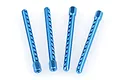Four blue anodized aluminium RC car body posts with multiple adjustment holes, arranged vertically on a white background.