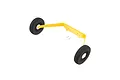 E-Flite RC plane landing gear set featuring a yellow metal strut and two black rubber wheels against a white background.