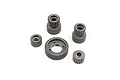 A set of five grey metal RC transmission gears of various sizes arranged on a white background.