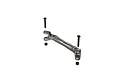 ARRMA silver aluminium steering rack with two black screws and two black nuts, shown in a studio product shot.