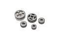 A set of five grey metal RC transmission gears of varying sizes arranged on a white background.