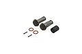 ARRMA 12T input gear set including two metal pinion gears, two small metal pins, two red O-rings, and a black plastic sleeve.