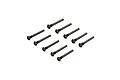 A set of ten black button head screws with partial threading arranged in two rows on a white background.