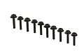 A set of ten black flanged cap head screws arranged in a row against a white background.