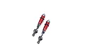 Two ARRMA red aluminium RC shock absorbers with black plastic components and dust boots against a white background.