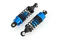 Two blue aluminium RC shock absorbers with black springs and black plastic ends, isolated on a white background.