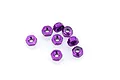 A cluster of eight small purple anodized aluminium nyloc nuts for RC vehicles, shown against a plain white background.