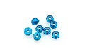 A cluster of eight small blue anodized aluminium nyloc nuts for RC vehicles, shown against a plain white background.