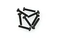 A cluster of eight black metal binder head screws with coarse threads, arranged on a white background.
