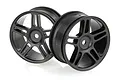 Two black plastic RC car rims with a five-spoke design against a white background.