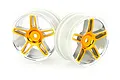 Two orange and silver chrome five-spoke RC car rims on a white background.