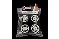 A set of four Solaris 1/10 scale mini touring car tyres on white multi-spoke rims, sealed in a clear plastic retail bag.