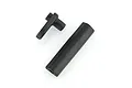 A black plastic antenna mount and a matching black plastic antenna tube cap on a white background.