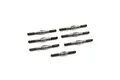 A set of seven silver-coloured metal turnbuckles arranged on a plain white background.