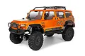 HPI Venture Wayfinder 1/10 scale RC rock crawler in bright orange with black trim, roof rack, and off-road tires on a white background.