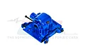 GPM Racing blue anodised aluminium centre gearbox housing for RC cars, shown from a high angle against a white background.