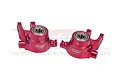 Two red anodized aluminium steering hubs for RC cars by GPM Racing, featuring ball bearings and L/R markings.