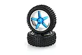 Two HSP RC buggy front wheels with black knobby rubber tires and five-spoke blue chrome rims stacked on a white background.