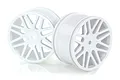 Two white plastic RC buggy rims with a multi-spoke design, shown from a front-facing angle against a white background.
