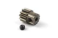 A metallic 12-tooth pinion gear with a separate black grub screw on a white background.