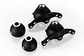 A set of four black aluminium RC steering hubs and knuckles on a white background.