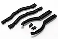 A set of four black aluminium RC chassis frame rails and two small mounting brackets arranged on a white background.