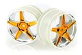 Two 5-spoke RC buggy rims with orange chrome centers and silver outer rims on a white background.
