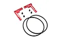 Yeah Racing red aluminium short battery holder set including two L-shaped mounts, four black screws, and two black rubber O-rings on a white background.