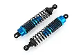 Two blue anodized aluminium RC shock absorbers with black coil springs on a white background.