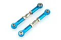 Two blue anodized aluminium RC turnbuckles with silver metal ball ends and adjustment nuts, isolated on a white background.