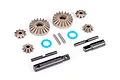 Traxxas steel centre differential output and bevel gear set including various metal gears, shafts, and blue O-rings on a white background.