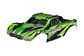 A pre-painted green and black Traxxas Maxx Slash short course body shell viewed from a high angle against a white background.