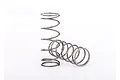 Two silver metal coil springs for Traxxas RC shock absorbers, one standing upright and one lying on its side against a white background.