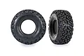Two Traxxas Maxx SC belted RC tires shown from front and side angles on a white background.