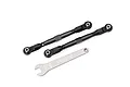 Two grey aluminium turnbuckles with black rod ends and a silver Traxxas adjustment wrench on a white background.