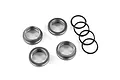 Four grey aluminium shock adjusting nuts and four black rubber O-rings arranged on a white background.