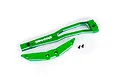 A green anodized aluminium Traxxas chassis brace set with two small black mounting screws on a white background.