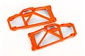 A pair of bright orange RC lower suspension arms made of molded plastic, shown from an angled top-down perspective on a white background.