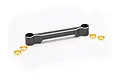 A grey aluminium steering draglink for an RC car, shown with four small gold-coloured metal bushings on a white background.