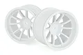 A pair of white plastic RC truck rims with a multi-spoke design against a white background.