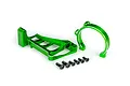 A green anodized aluminium motor mount set for Traxxas RC vehicles, including a main bracket, a motor clamp, and six black mounting screws.