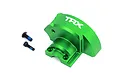 A bright green anodized aluminium gear cover for Traxxas RC vehicles, featuring the TRX logo and two included black mounting screws.