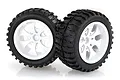 Two HSP 2.8 inch off-road RC car tires mounted on white multi-spoke plastic rims, shown against a white background.