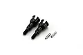 Two black metal wheel axles and two small silver metal pins for RC cars on a white background.