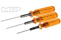 Three MIP G2 hex drivers with orange transparent handles, featuring 1.5mm, 2.0mm, and 2.5mm tips, arranged diagonally against a white background.