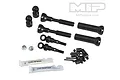 MIP X-Duty Extreme Heavy-Duty Rear CVD Driveshaft Upgrade Kit components including metal shafts, joints, nuts, pins, and small packets of grease and thread locker.