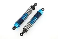 Two blue anodized aluminium RC truck shock absorbers with black springs on a white background.