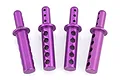 Four purple anodized aluminium RC car body posts arranged vertically on a white background.