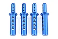 Four blue anodized aluminium RC car body posts arranged in a row against a white background.
