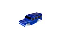 A blue Traxxas Land Rover Defender RC body shell, pre-painted and glossy, shown from a high-angle perspective against a white background.